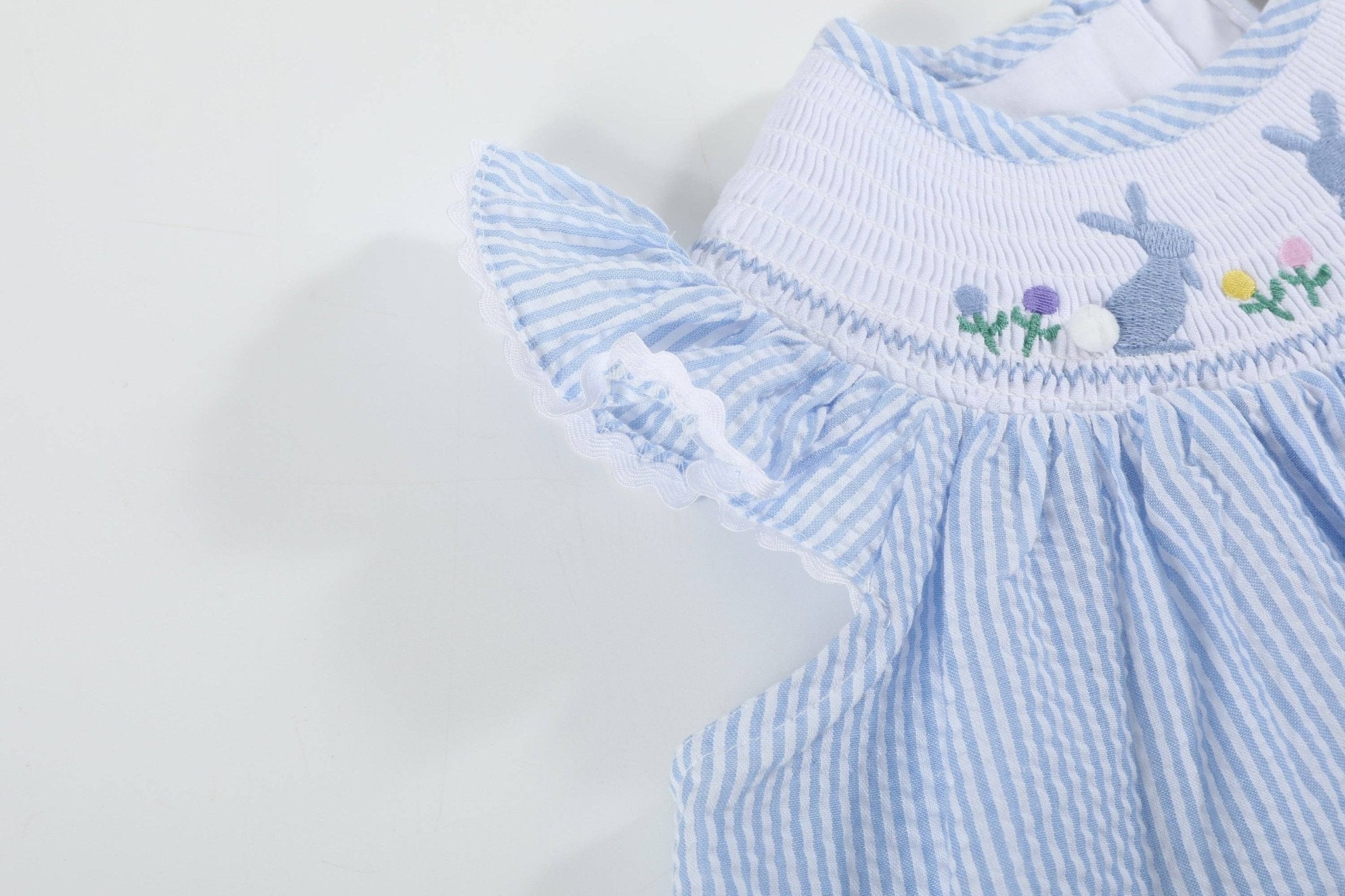 Light Blue Seersucker Easter Bunny Smocked Bishop Dress - Liz and Roo