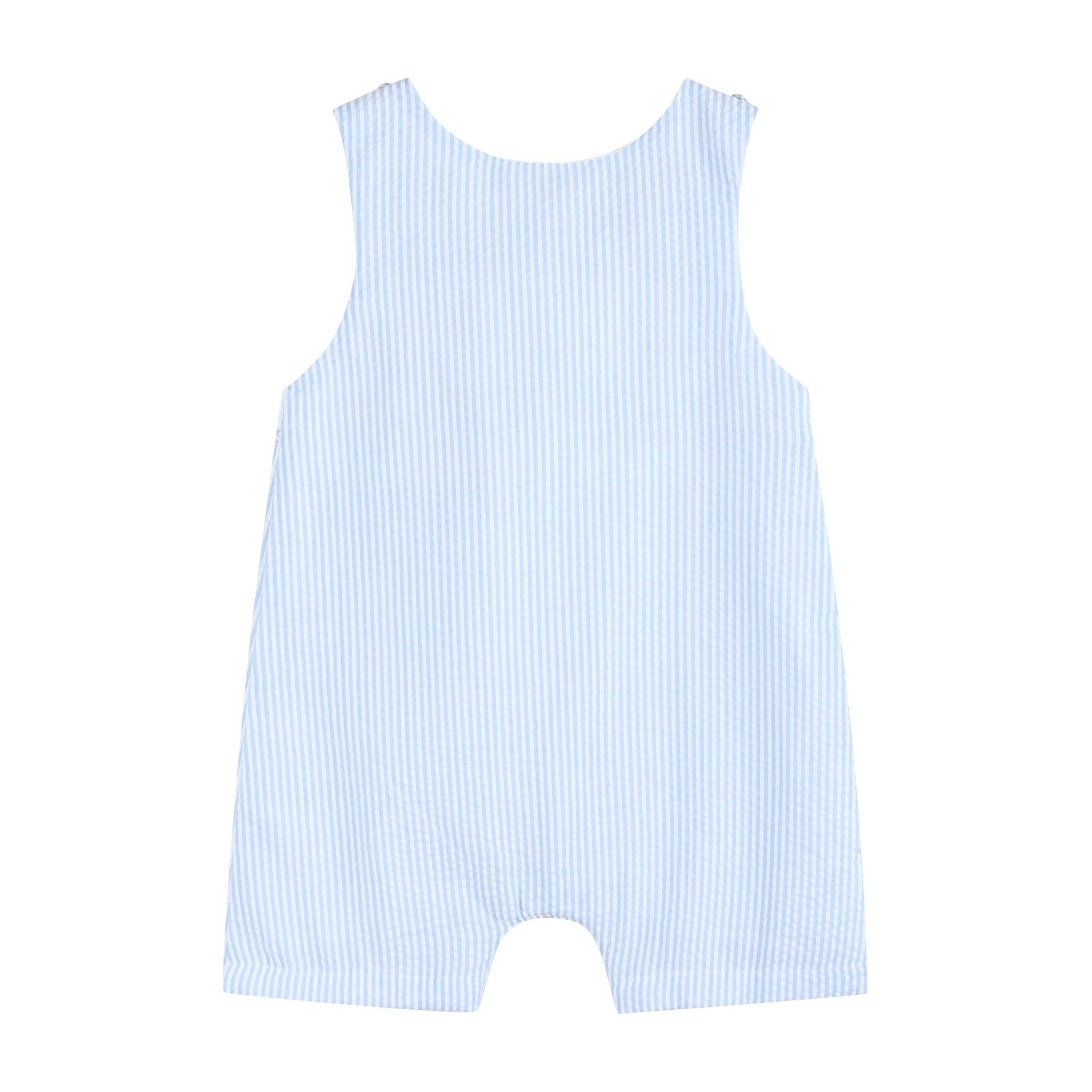 Light Blue Seersucker Easter Bunny Smocked Overalls - Liz and Roo