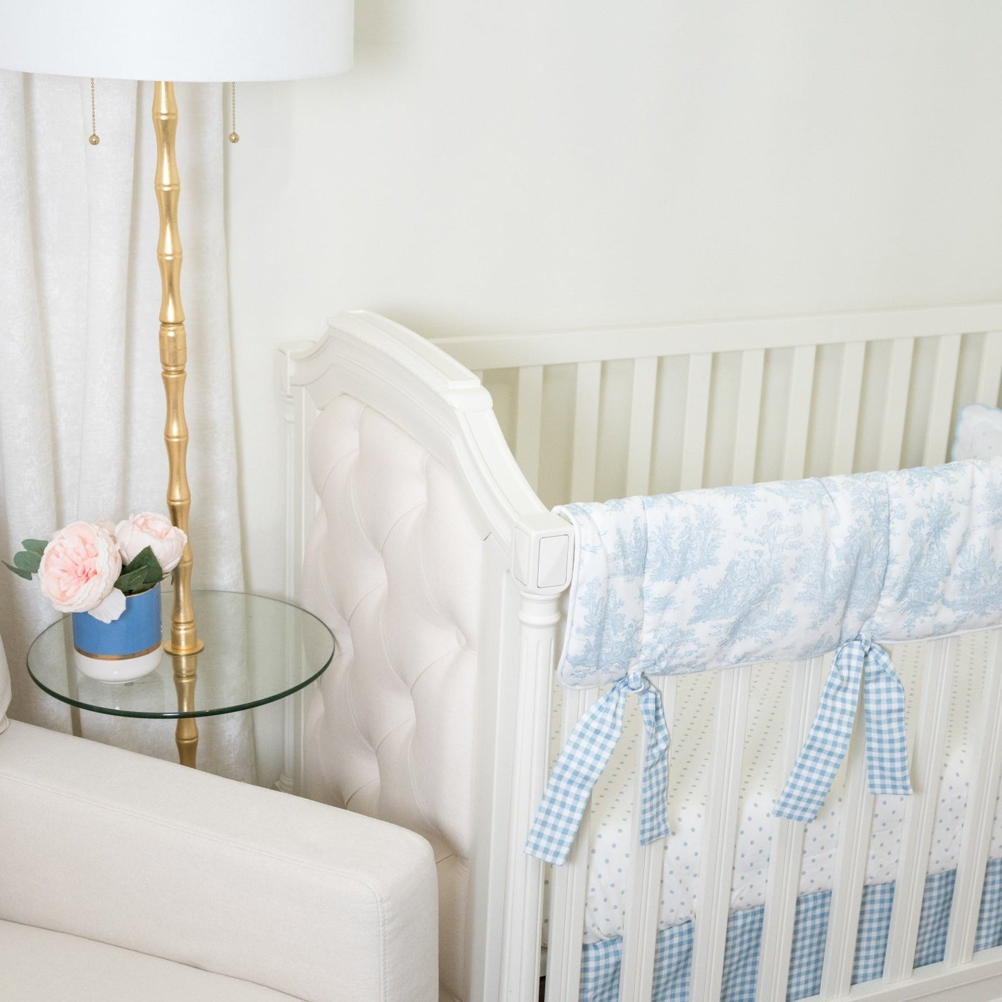 Light Blue Toile Crib Rail Cover with Gingham Ties - Liz and Roo