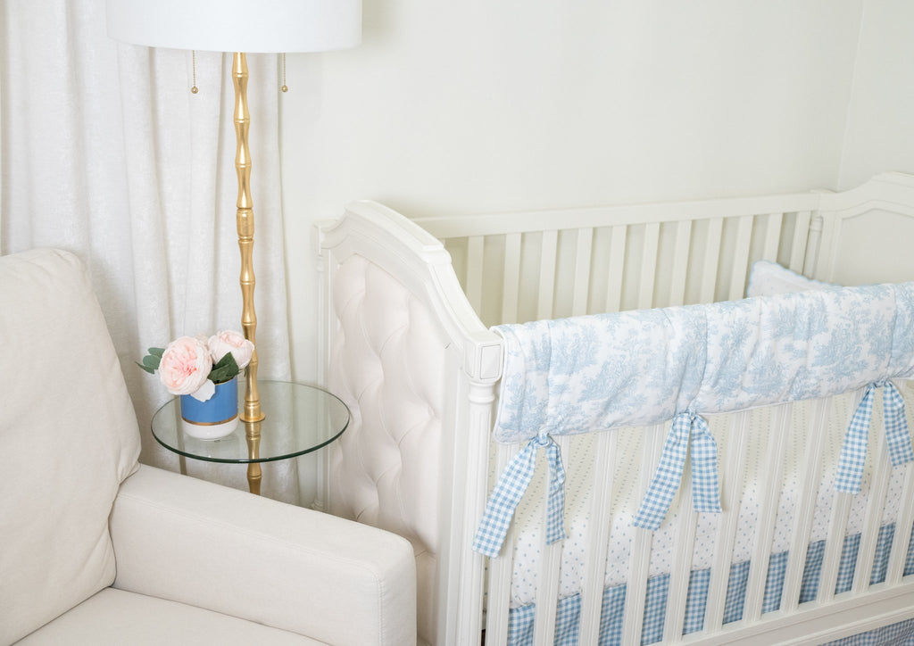 Light Blue Toile Crib Rail Cover with Gingham Ties - Liz and Roo