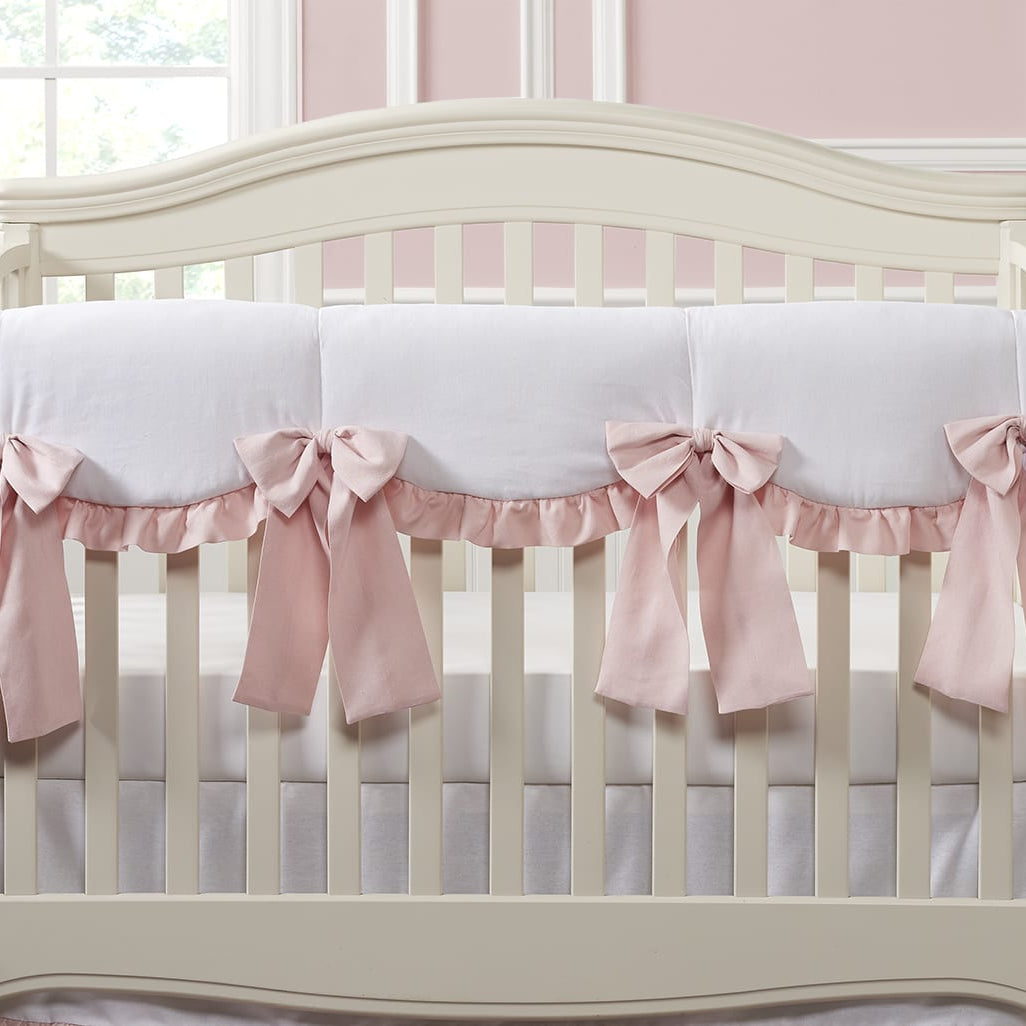 All-White Scalloped Linen Rail Cover with Pink Ruffle + 4 Pre-Tied Linen Bows - Liz and Roo