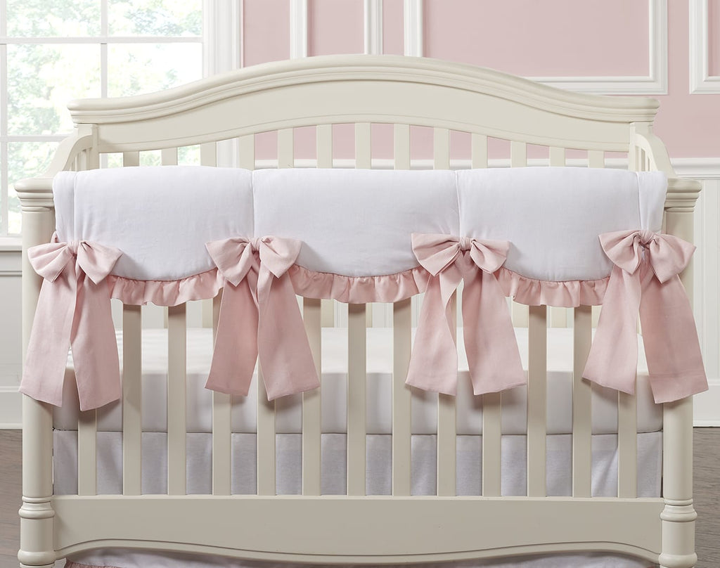 All-White Scalloped Linen Rail Cover with Pink Ruffle + 4 Pre-Tied Linen Bows - Liz and Roo