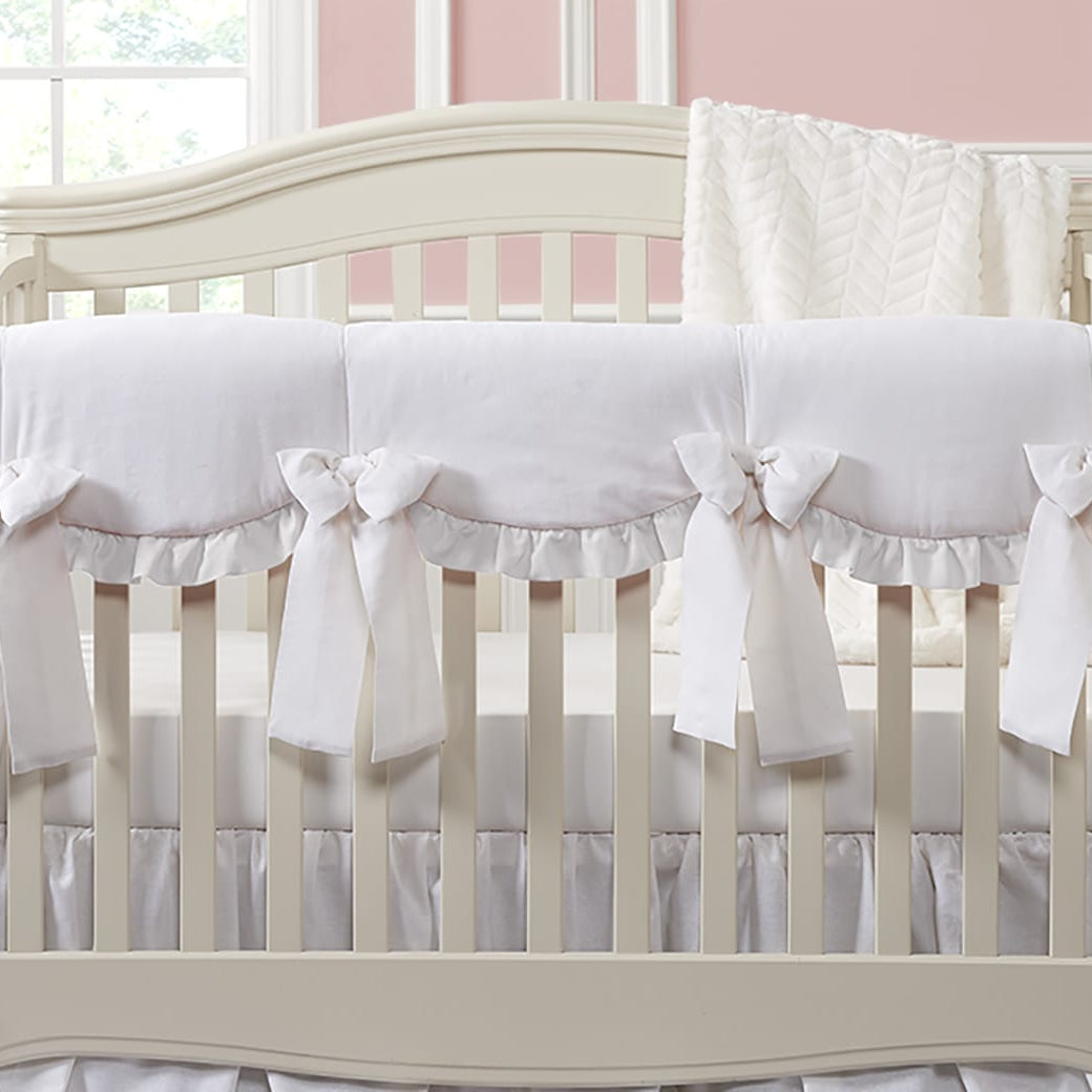 All-White Scalloped Linen Rail Cover with White Ruffle + 4 Pre-Tied Linen Bows - Liz and Roo