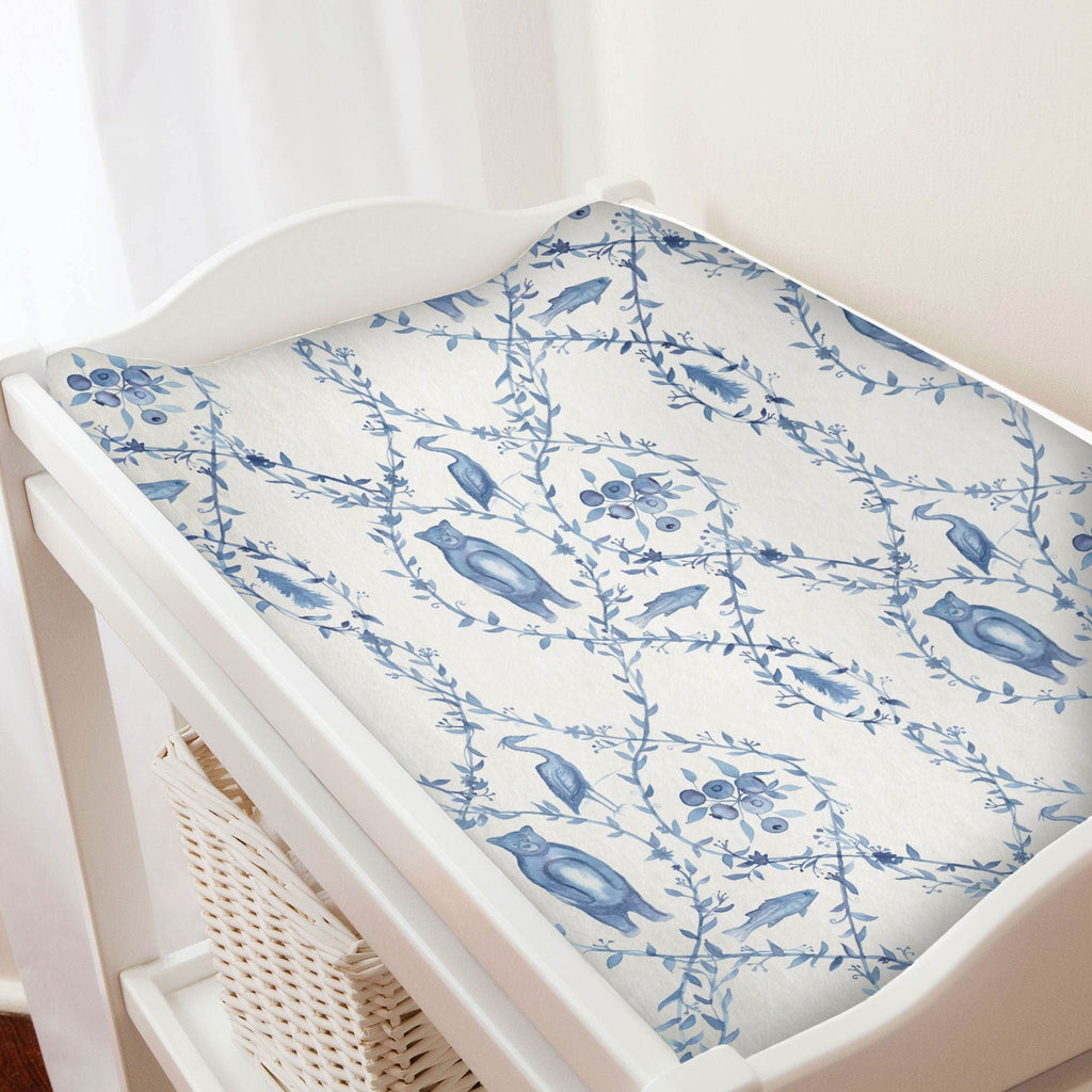 Blue- Beary Toile Changing Pad Cover - Liz and Roo