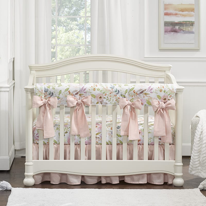 Blush Watercolor Floral 10-pc Crib Bedding Set (Pink Linen Bows) - Liz and Roo