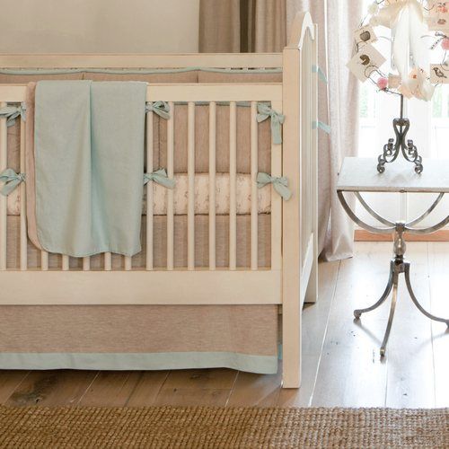 Flax Linen Crib Skirt with Light Blue Accent Trim - Liz and Roo