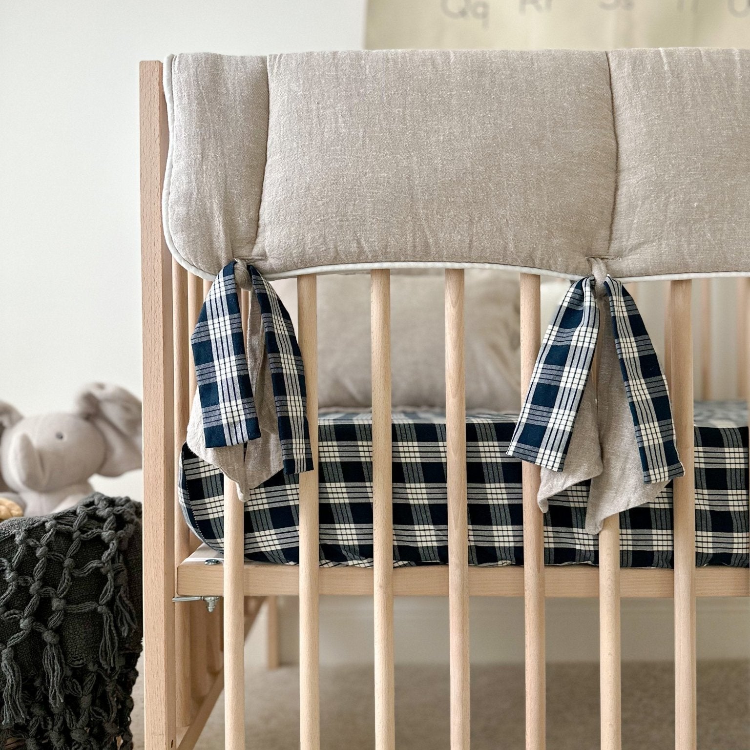 Flax Linen Rail Cover with Knot Ties and Accent Ties (Navy Plaid) - Liz and Roo