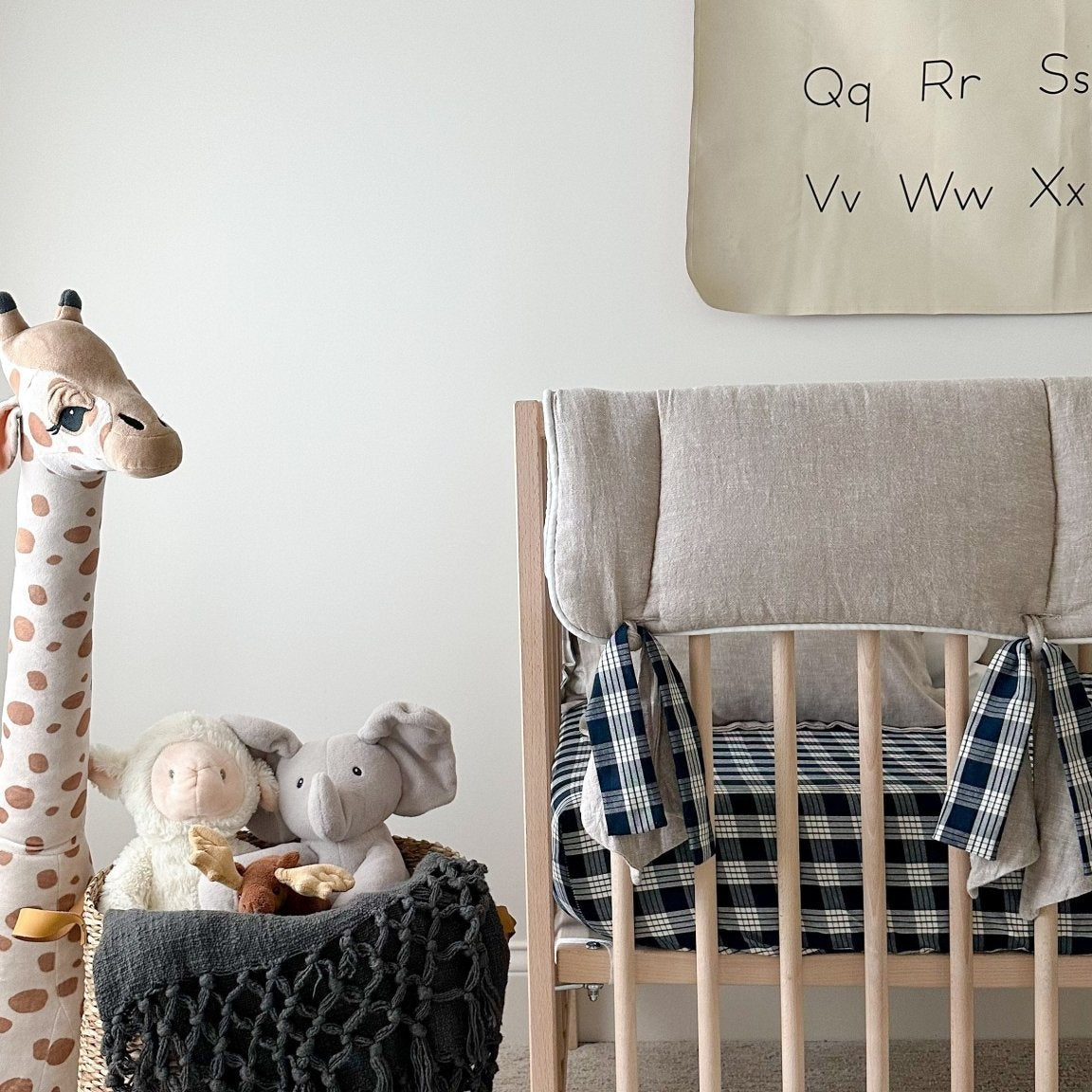 Flax Linen Rail Cover with Knot Ties and Accent Ties (Navy Plaid) - Liz and Roo