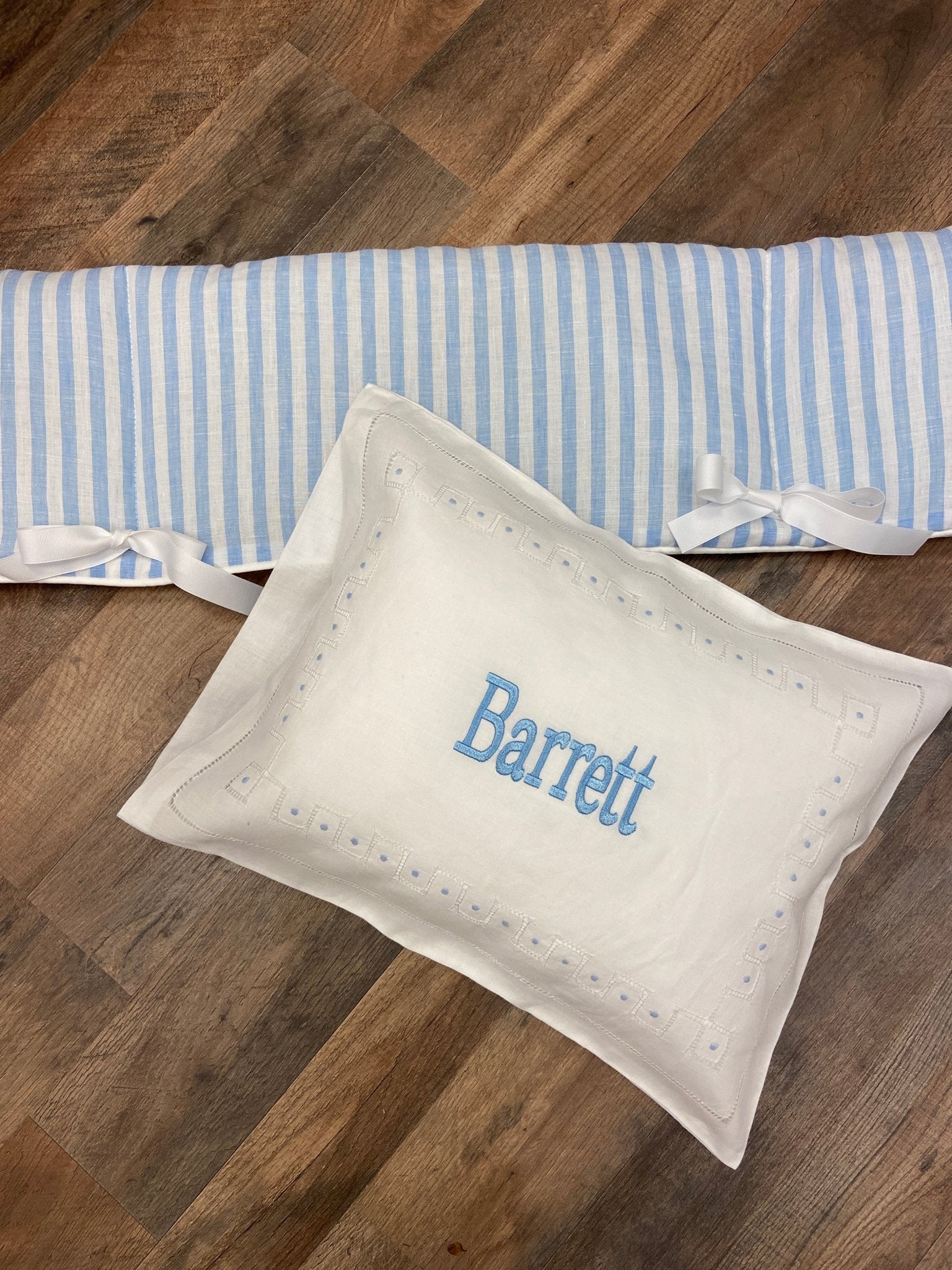 Light Blue Limerick Linen Crib Rail Cover with "William" Monogram - Liz and Roo