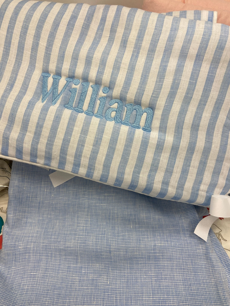 Light Blue Limerick Linen Crib Rail Cover with "William" Monogram - Liz and Roo