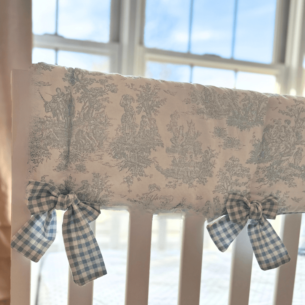 Light Blue Toile Crib Rail Cover with Gingham Fabric Ties - Liz and Roo