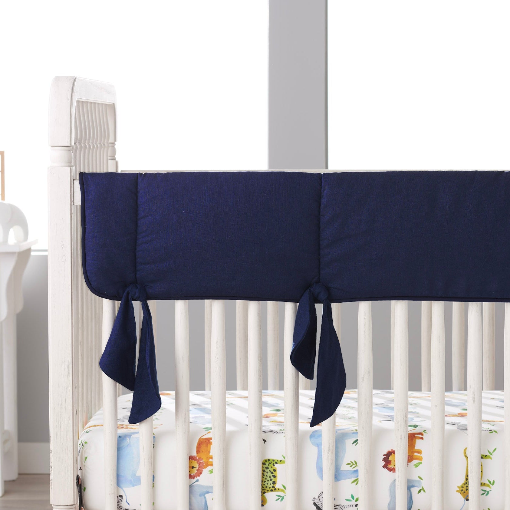 Navy Linen Crib Rail Cover with Knot Ties - Liz and Roo