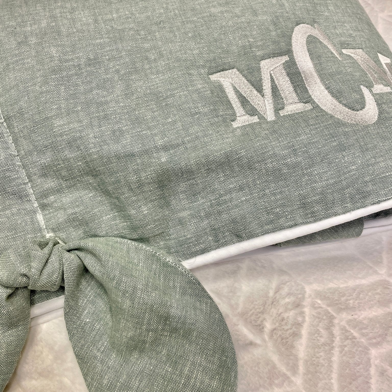 New! Sage Green Linen Crib Rail Cover with Knot Ties - Liz and Roo