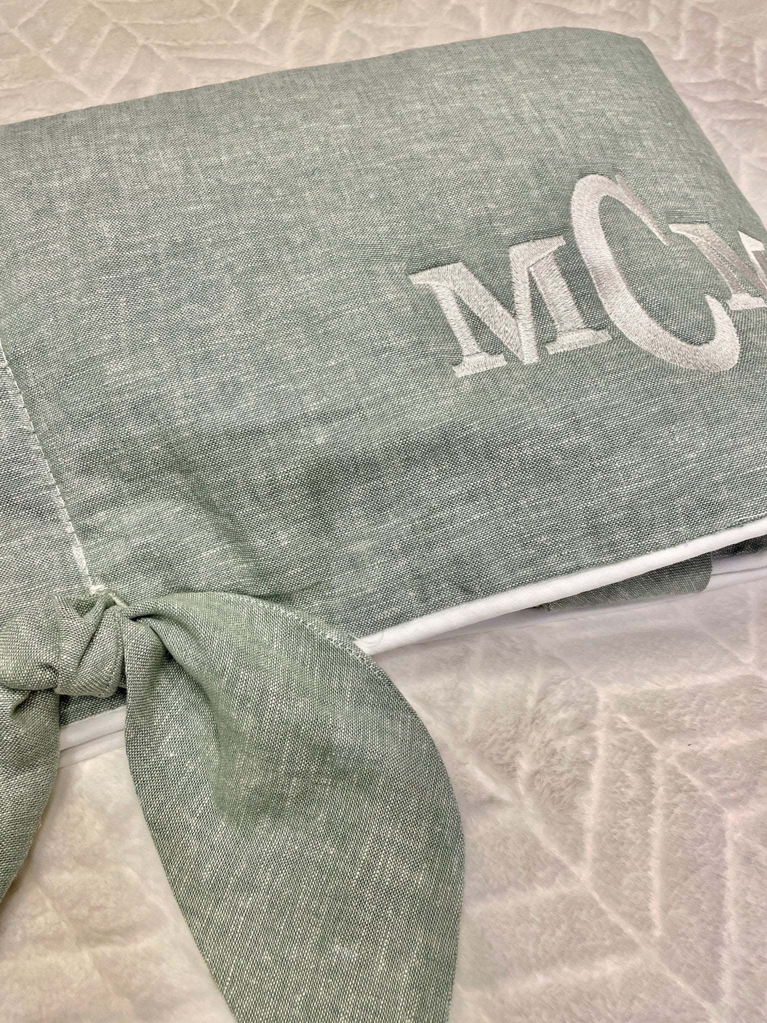 New! Sage Green Linen Crib Rail Cover with Knot Ties - Liz and Roo