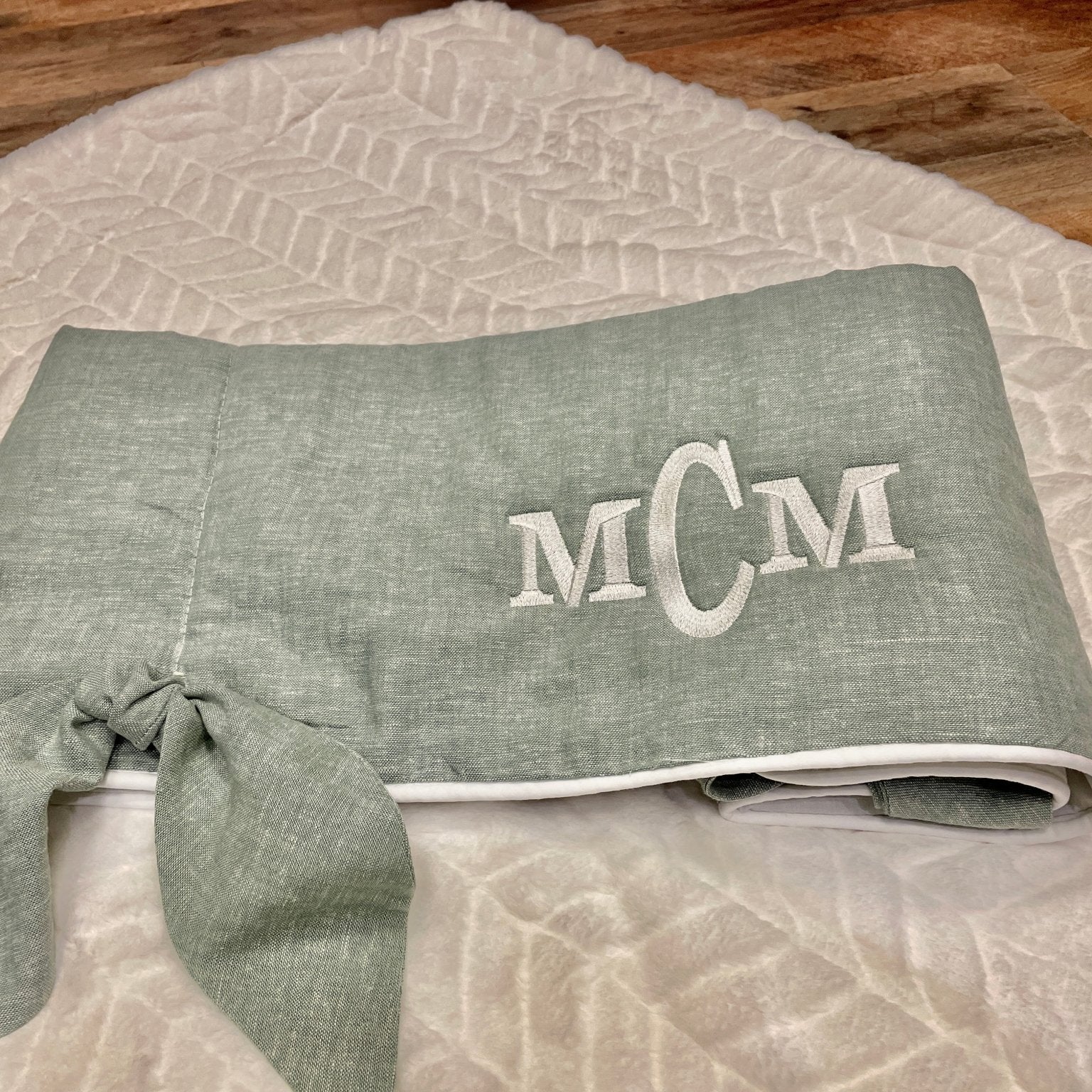 New! Sage Green Linen Crib Rail Cover with Knot Ties - Liz and Roo