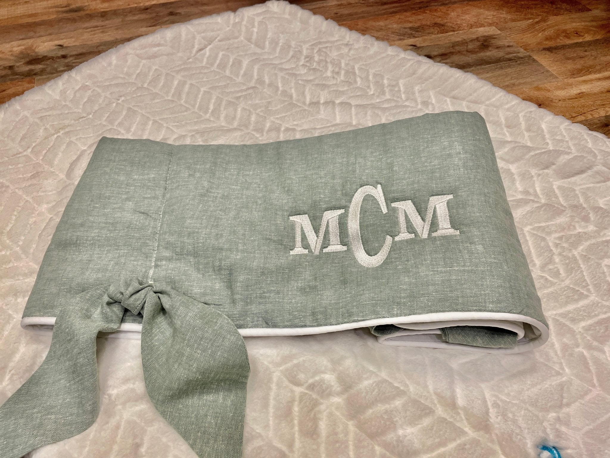New! Sage Green Linen Crib Rail Cover with Knot Ties - Liz and Roo