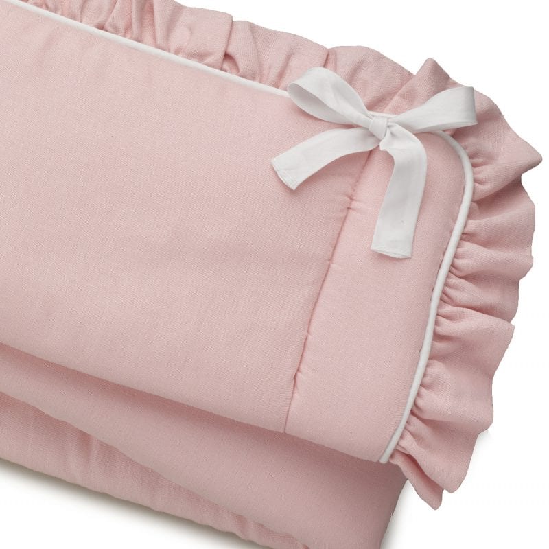 Petal Pink Linen Crib Rail Cover (Ruffled Trim) - Liz and Roo