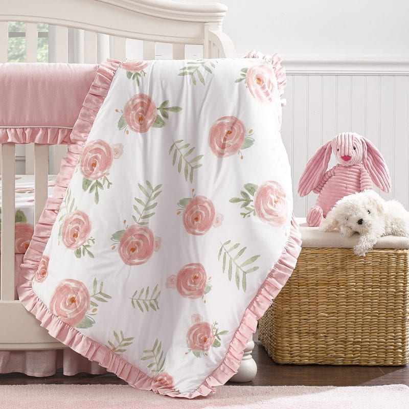 Pink Peony Reversible Blanket with Ruffle 42x32 - Liz and Roo