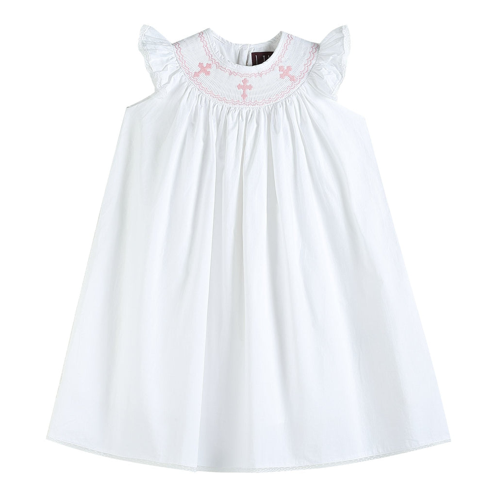 White and Pink Crosses Smocked Bishop Dress - Liz and Roo