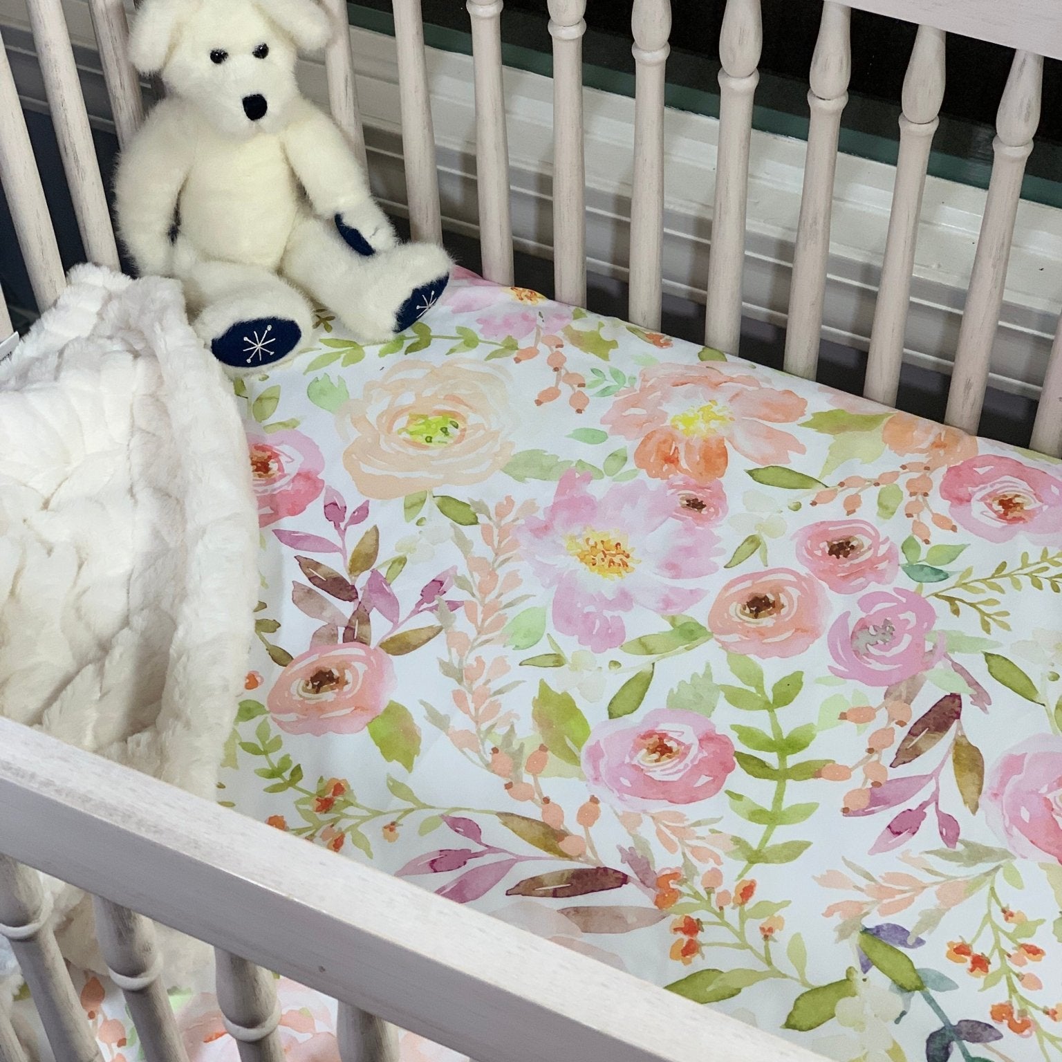 White Crib Skirt with Petal Pink Ruffle - Liz and Roo