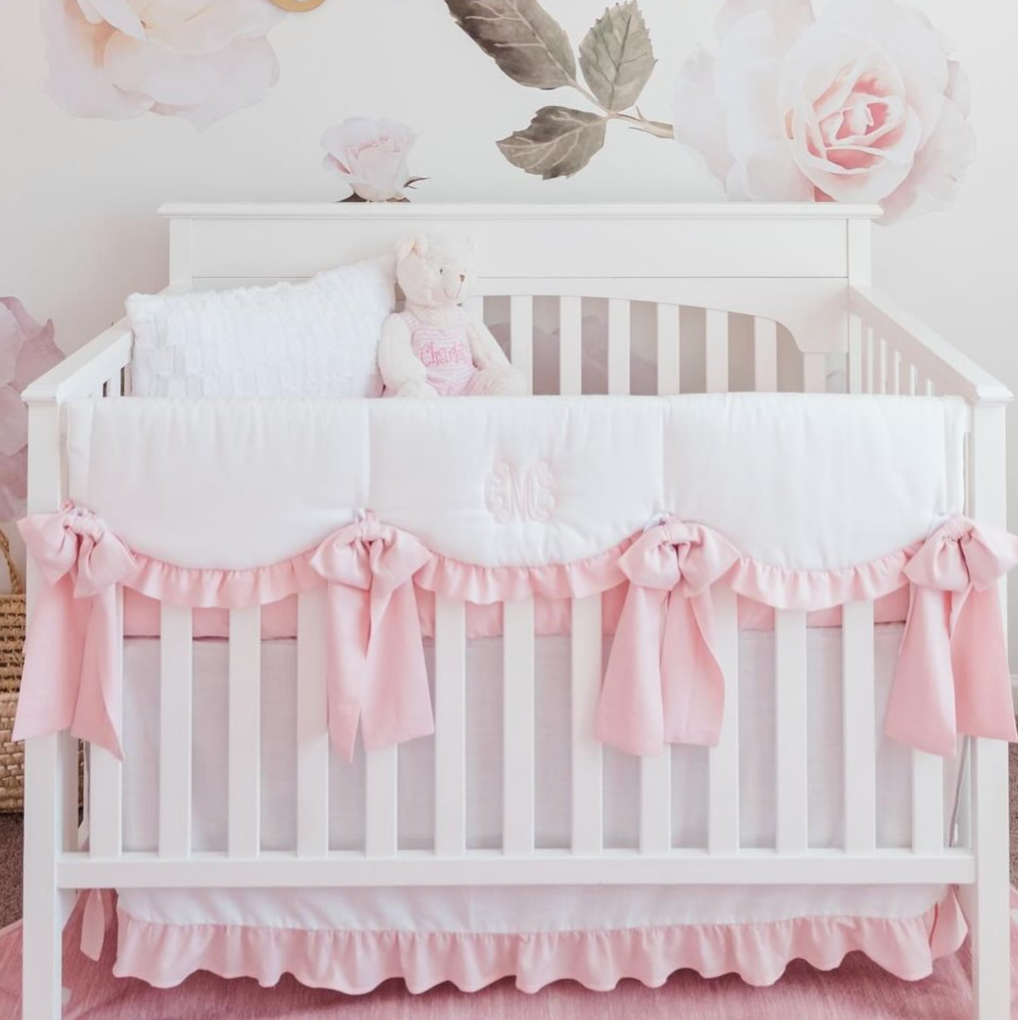 For Baby Girl Cot Duvet And Bumper Sets White And Pink Linen Crib