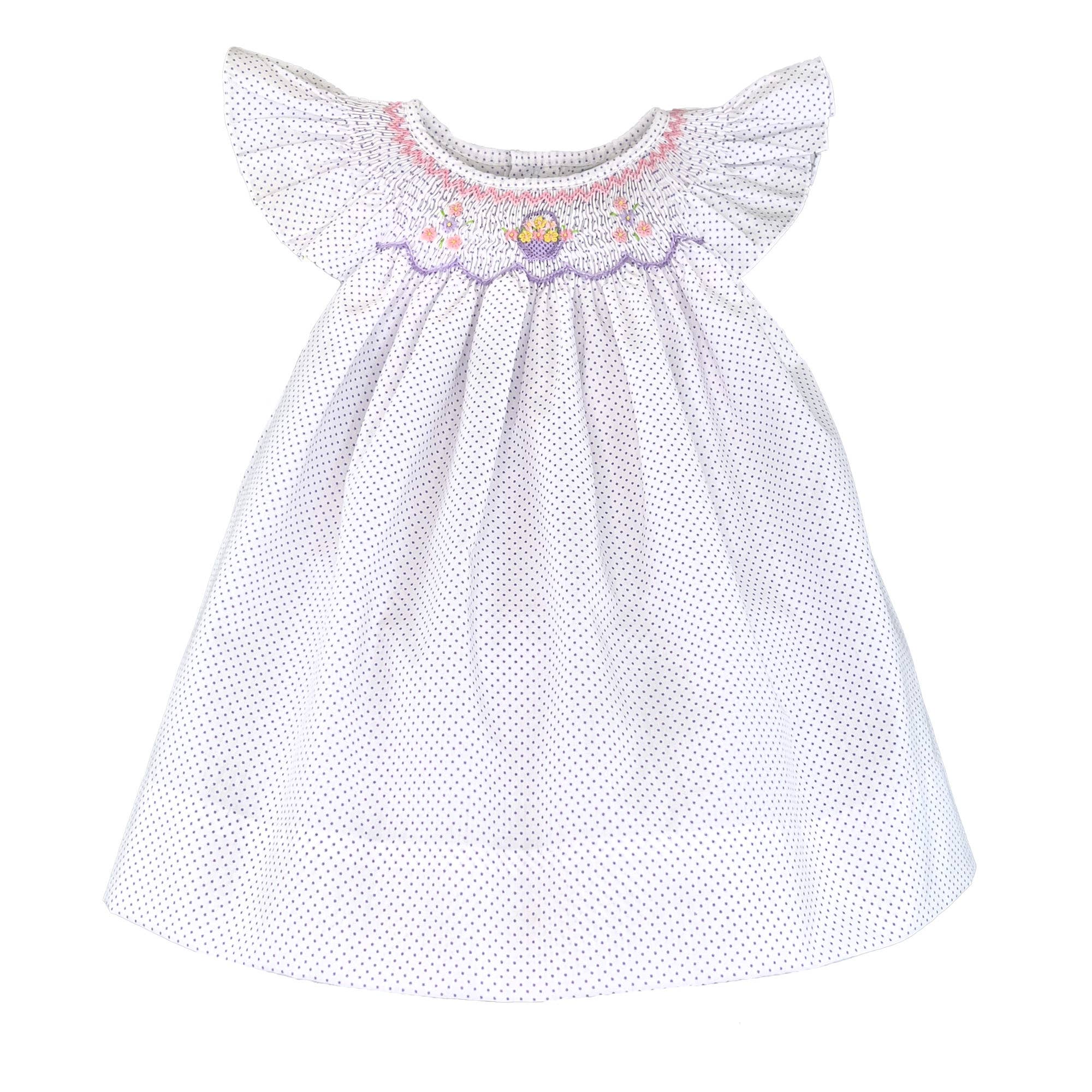 Angel Wing Smocked Dress - Lavender Dot Fabric - Liz and Roo