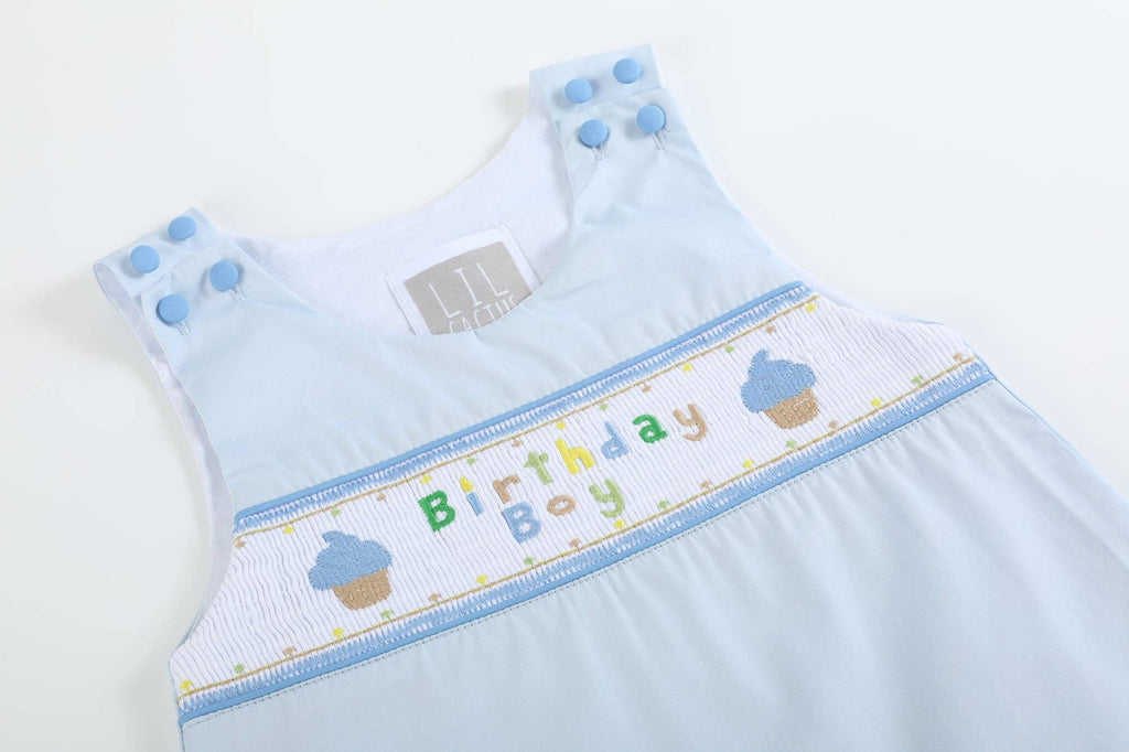 Blue Birthday Boy Smocked Shortalls - Liz and Roo