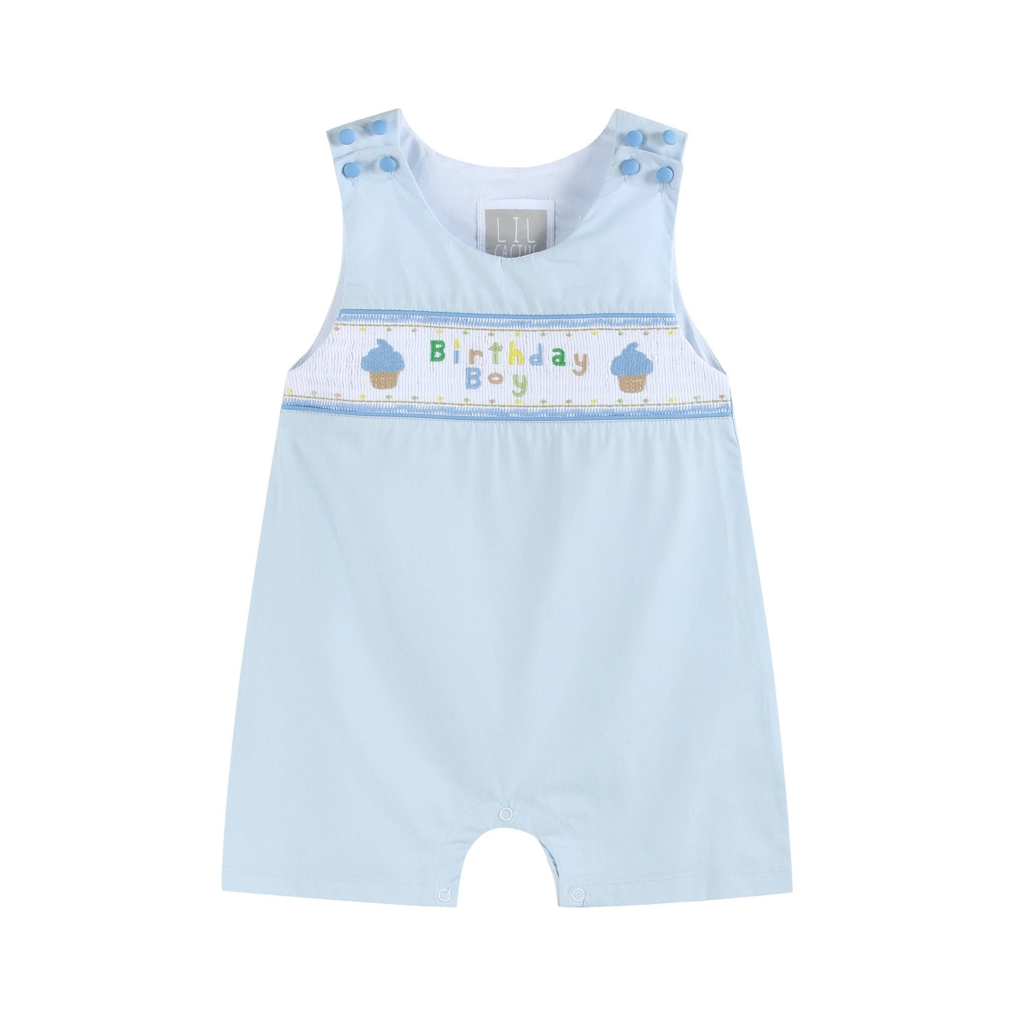 Blue Birthday Boy Smocked Shortalls - Liz and Roo