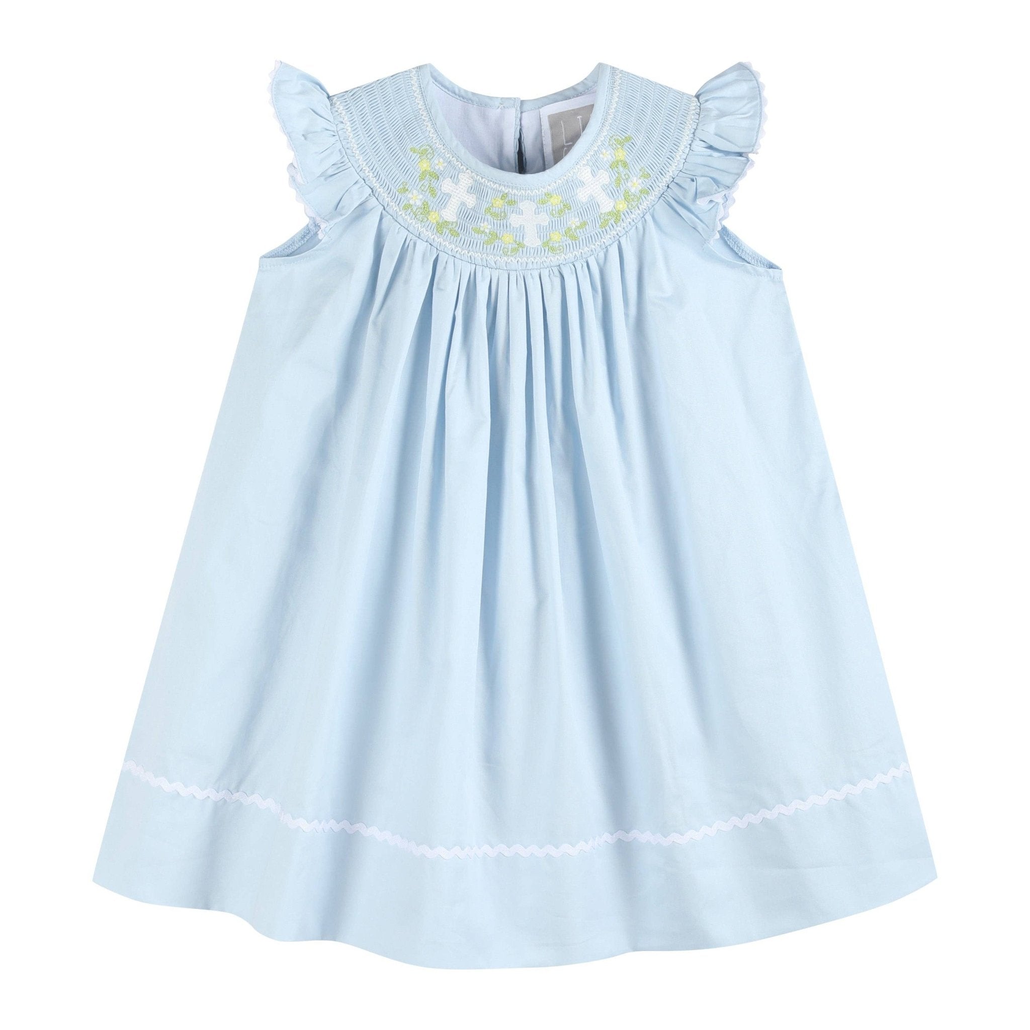 Blue Floral Crosses Smocked Bishop Dress - Liz and Roo