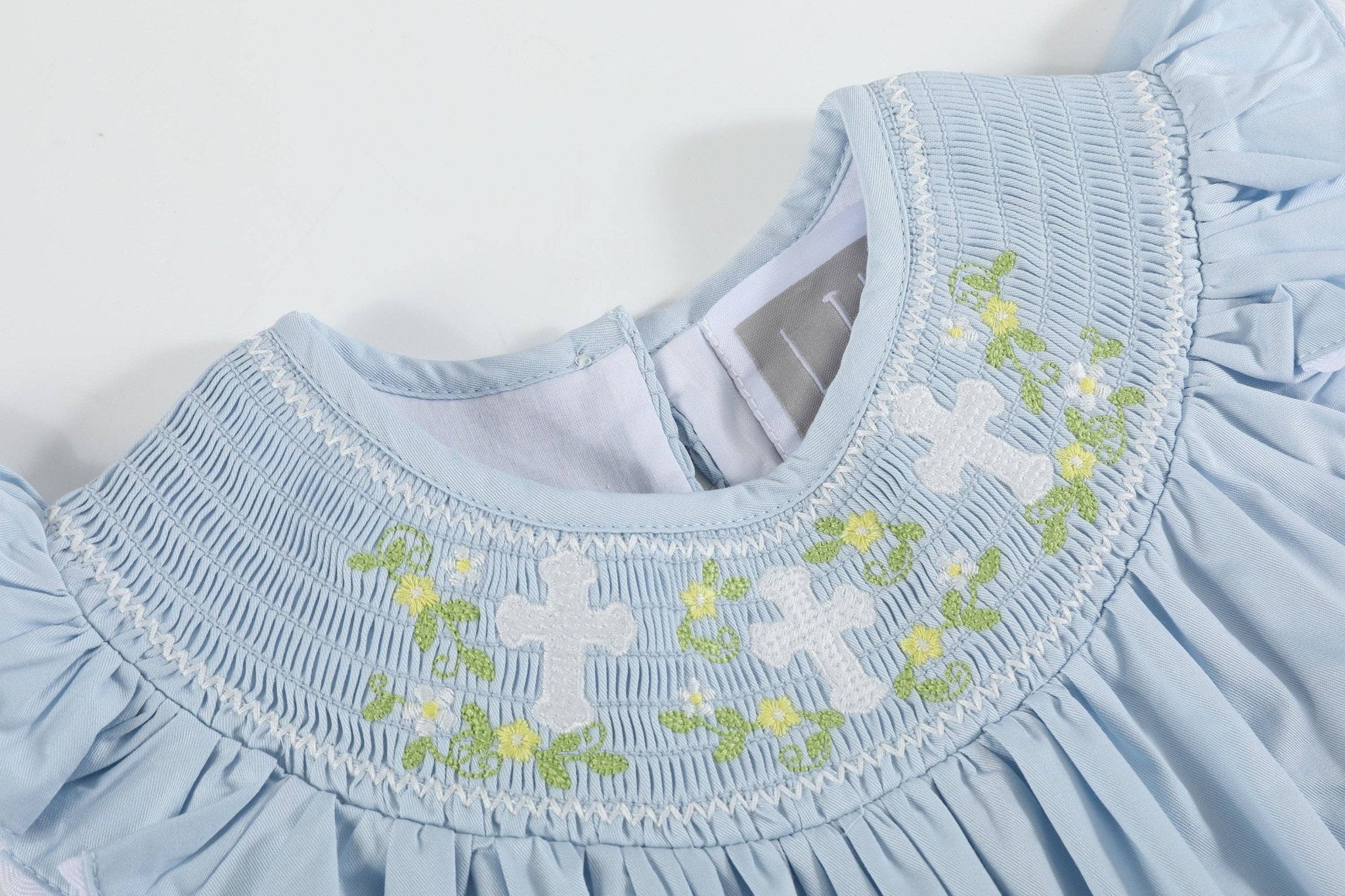 Blue Floral Crosses Smocked Bishop Dress - Liz and Roo
