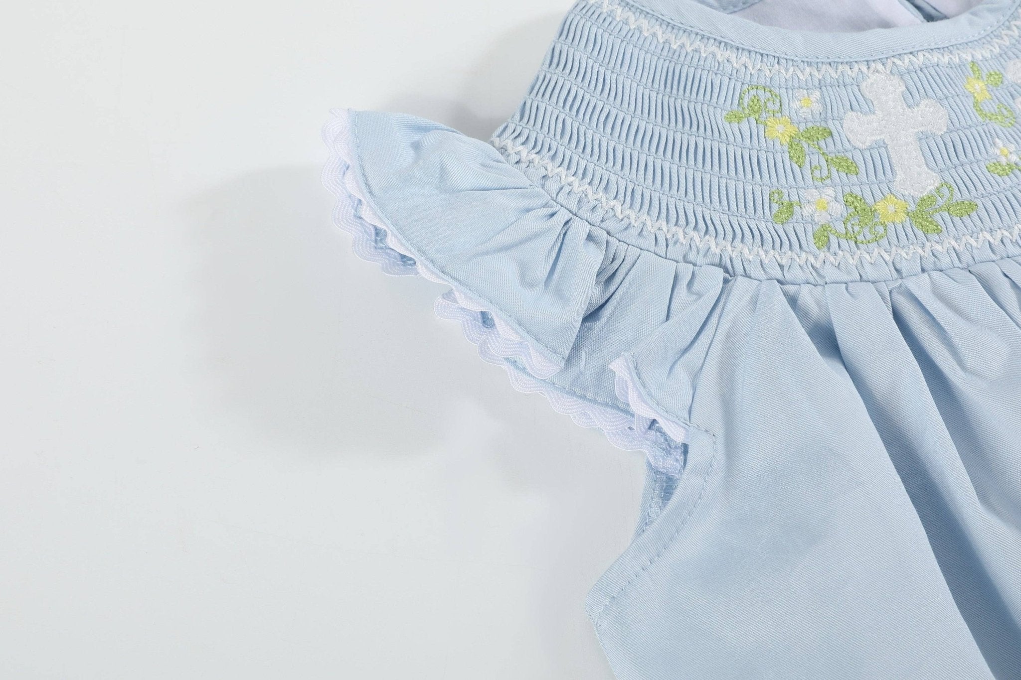 Blue Floral Crosses Smocked Bishop Dress - Liz and Roo