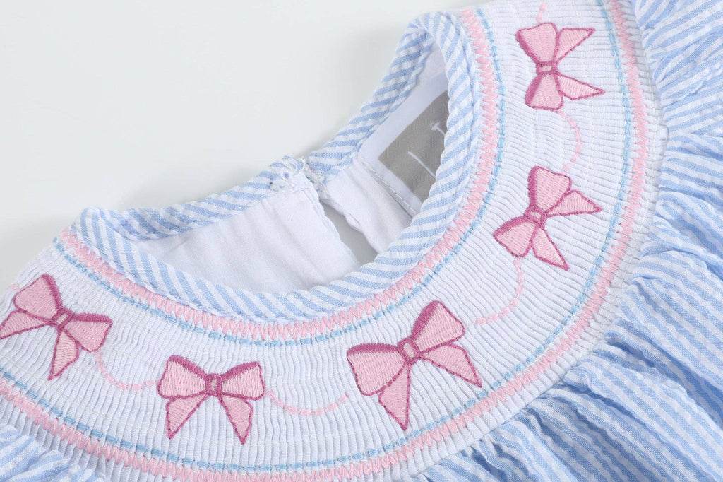 Blue Seersucker Bow Smocked Bishop Dress - Liz and Roo