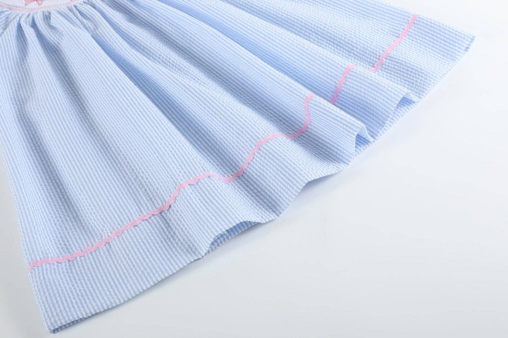 Blue Seersucker Bow Smocked Bishop Dress - Liz and Roo