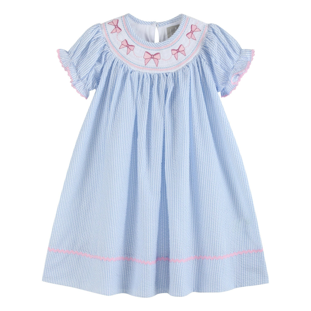 Blue Seersucker Bow Smocked Bishop Dress - Liz and Roo