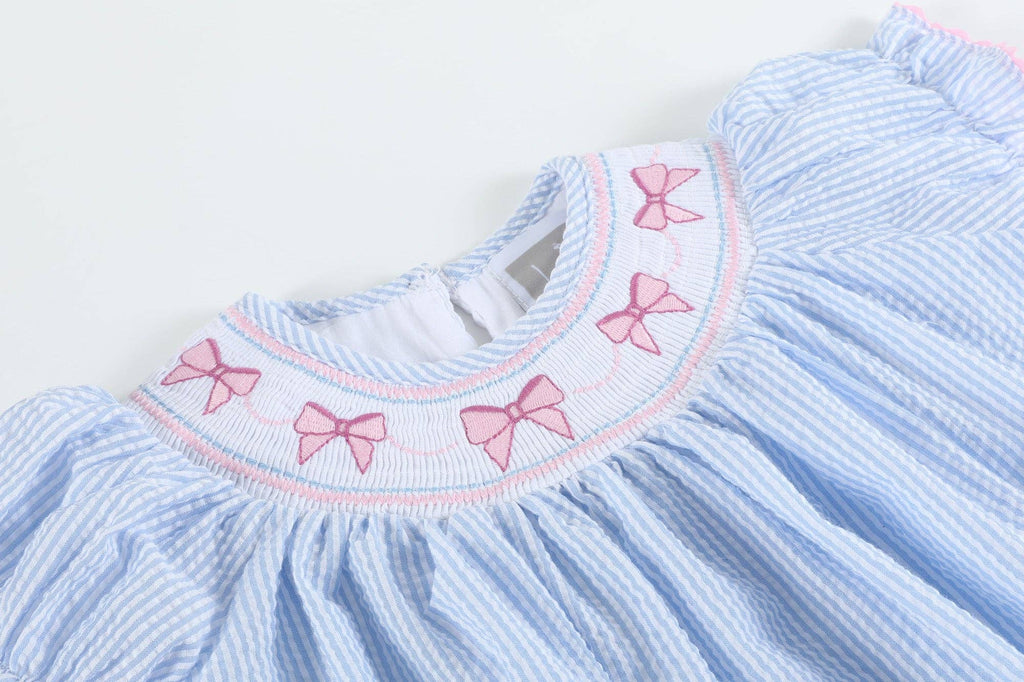 Blue Seersucker Bow Smocked Bishop Dress - Liz and Roo