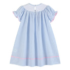 Blue Seersucker Bow Smocked Bishop Dress - Liz and Roo