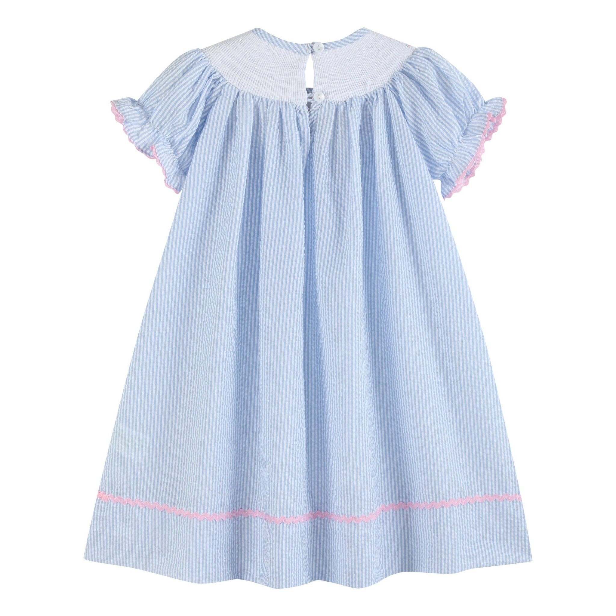 Blue Seersucker Bow Smocked Bishop Dress - Liz and Roo
