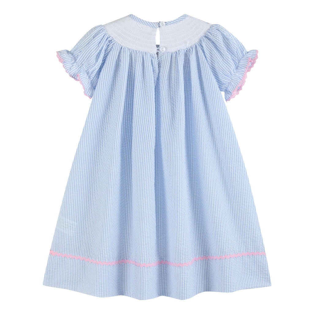 Blue Seersucker Bow Smocked Bishop Dress - Liz and Roo