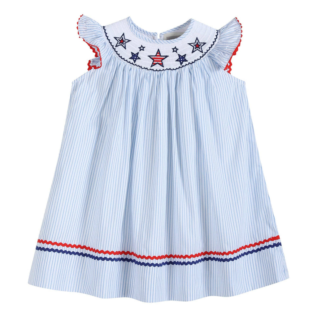 Blue Striped 4th of July Stars Smocked Bishop Dress - Liz and Roo