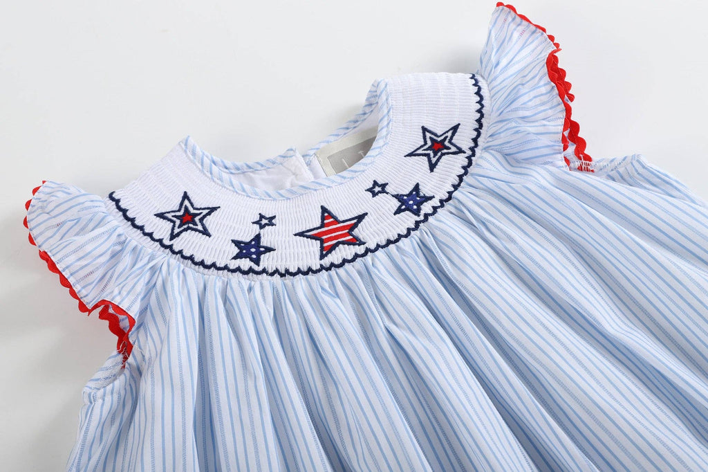 Blue Striped 4th of July Stars Smocked Bishop Dress - Liz and Roo