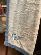Cream Faux Fur Blanket with Light Blue Linen Trim - Liz and Roo