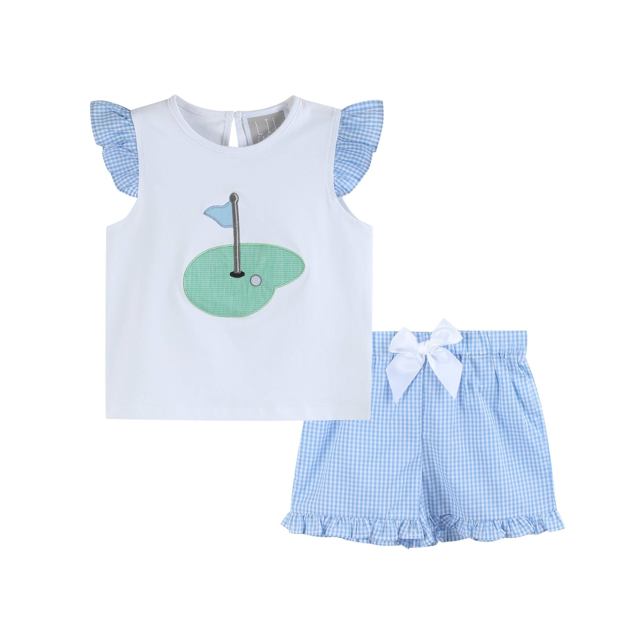 Girls Light Blue Gingham Golf Tee and Shorts 2pc Set - Liz and Roo