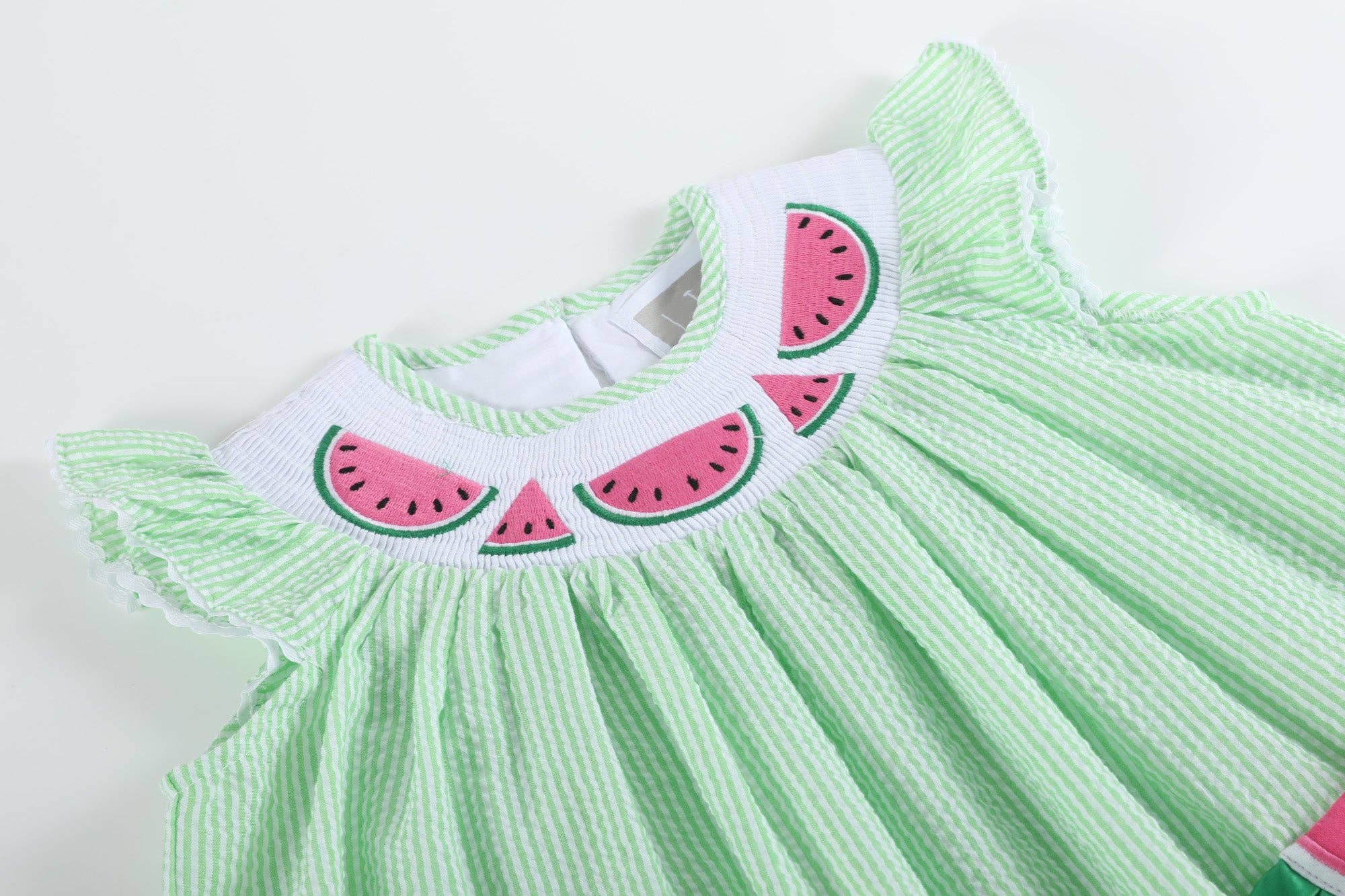 Green Seersucker Watermelon Smocked Bishop Dress - Liz and Roo