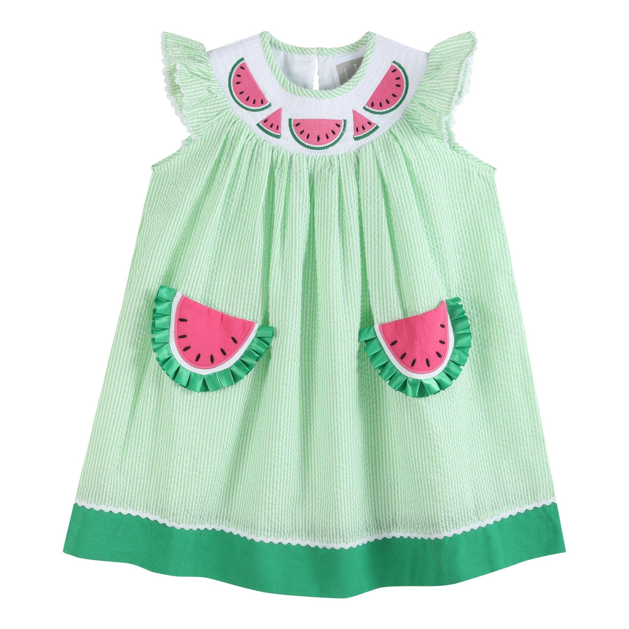 Green Seersucker Watermelon Smocked Bishop Dress - Liz and Roo