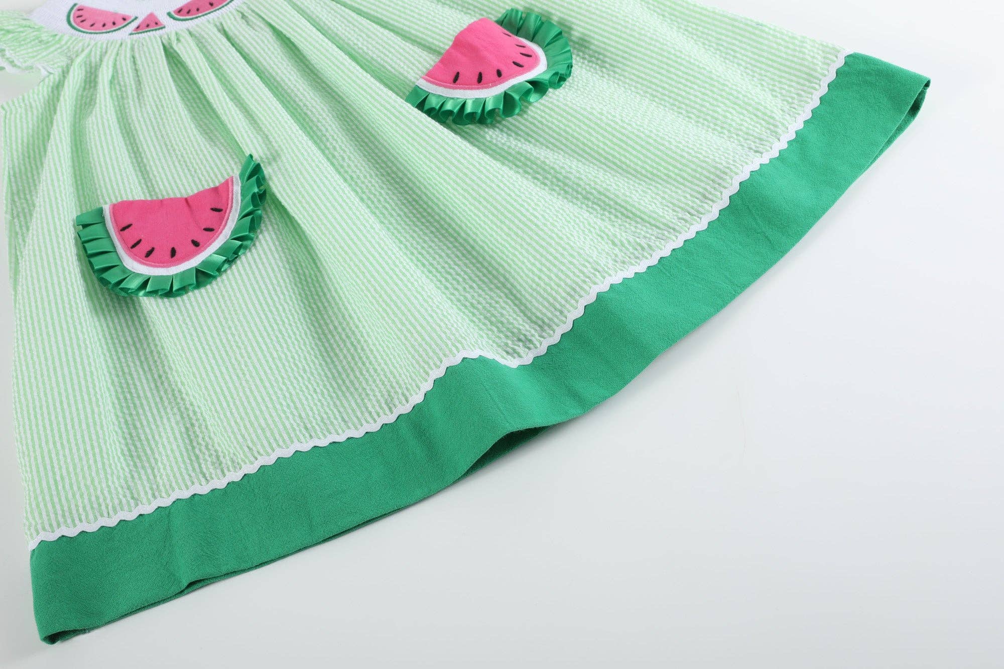 Green Seersucker Watermelon Smocked Bishop Dress - Liz and Roo