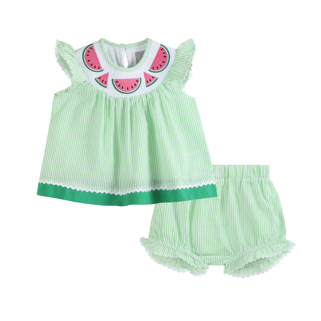 Green & White Stripe Watermelon Smocked Angel - Sleeve Dress & Bloomers - Liz and Roo