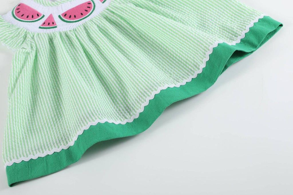 Green & White Stripe Watermelon Smocked Angel - Sleeve Dress & Bloomers - Liz and Roo