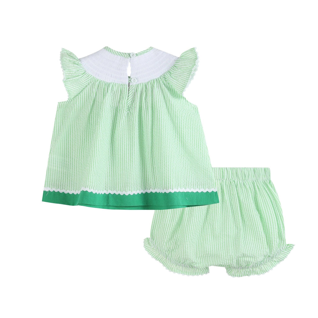Green & White Stripe Watermelon Smocked Angel - Sleeve Dress & Bloomers - Liz and Roo