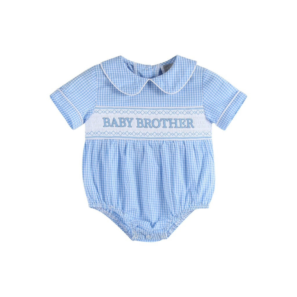 Light Blue Baby Brother Smocked Collared Romper - Liz and Roo