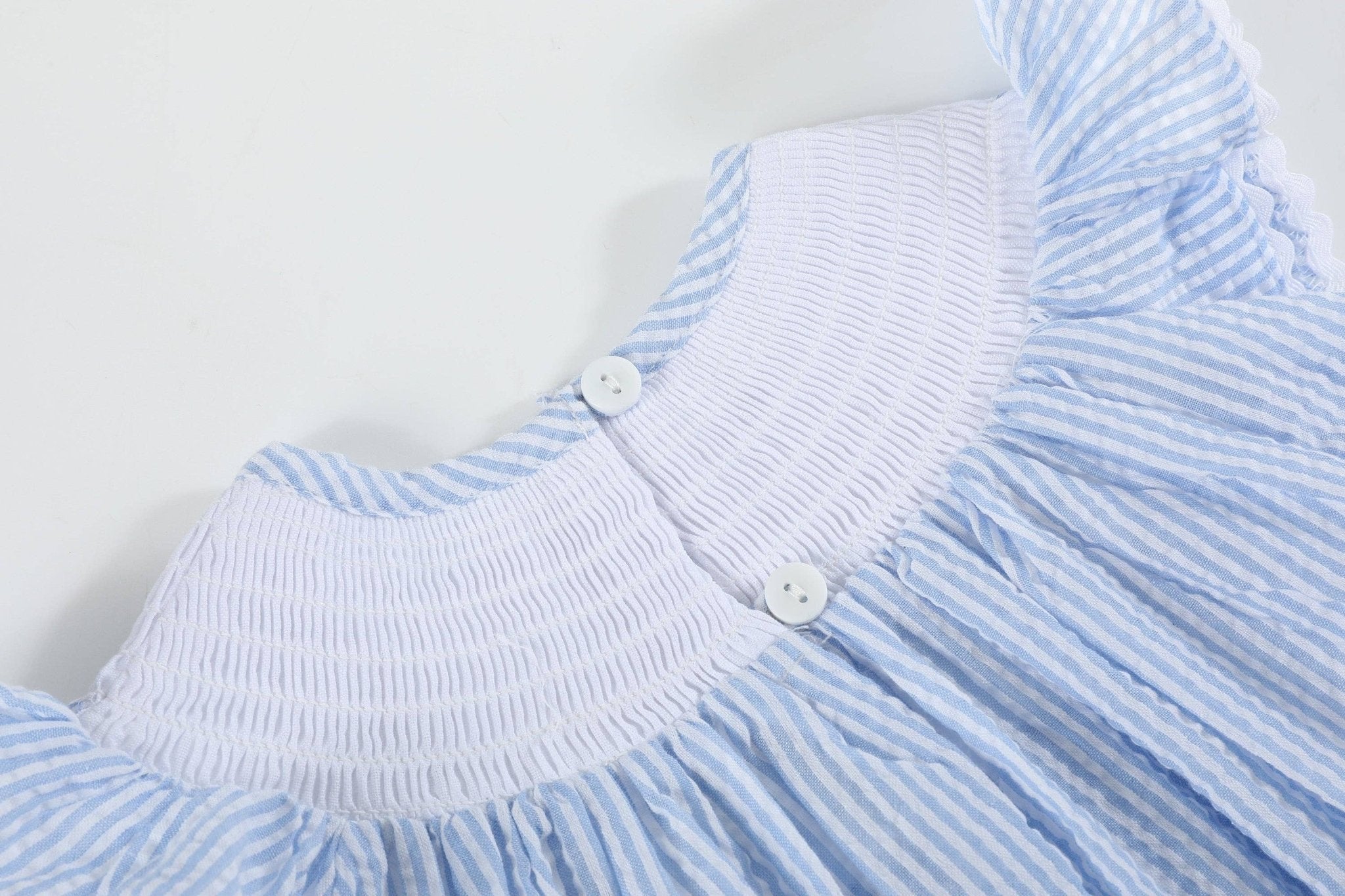 Light Blue Seersucker Easter Bunny Smocked Bishop Dress - Liz and Roo